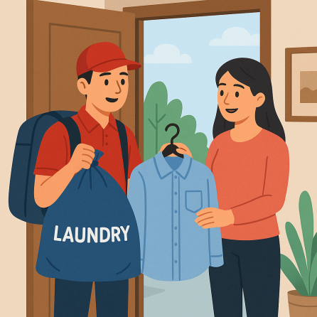Ilustrasi jasa antar jemput pakaian diantara kurir laundry dan pelanggan. Sumber gambar: AI